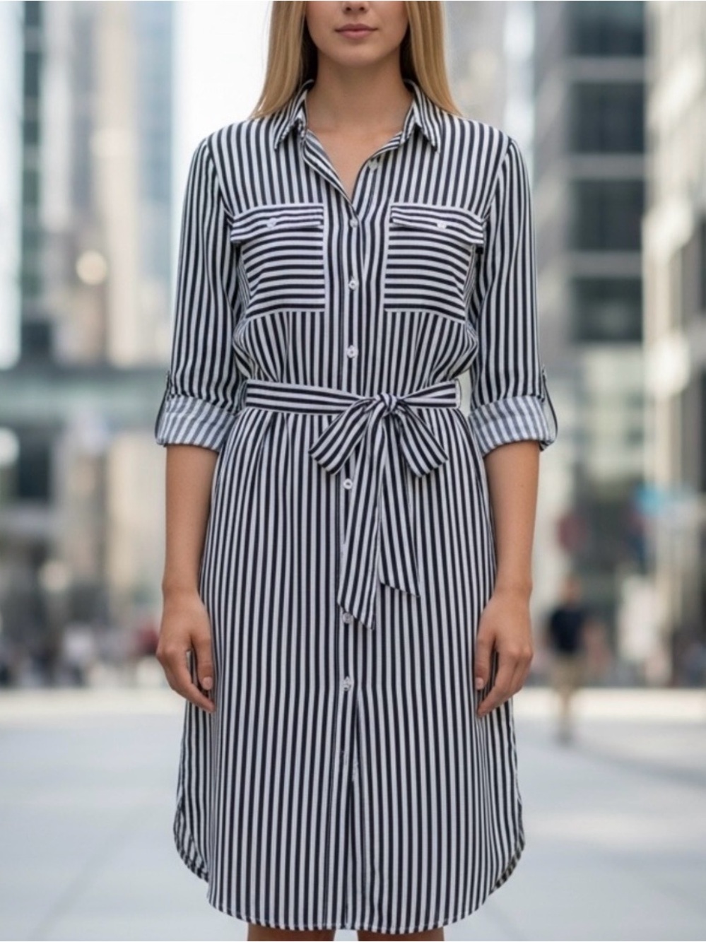 Mlle Gabrielle Button-Front Midi Dress with Tie Waist - Black & White XL